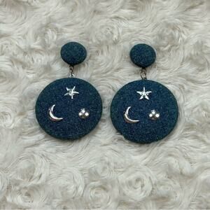 Vintage Denim Star Moon Dangle Stud Earrings 1980’s